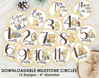 DOWNLOAD in Seconds! Sixteen (16) Milestone Circles / Classic Winnie The Pooh / Digital Instant Dowload / Birthday Baby Shower