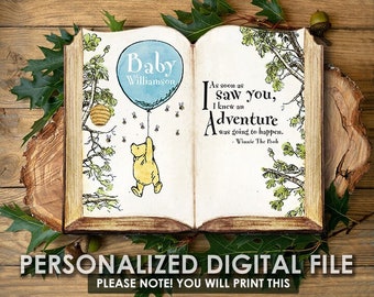 May include: A Winnie the Pooh themed baby shower announcement with a blue balloon that says "Baby Williamson" and a quote from Winnie the Pooh that says "As soon as I saw you, I knew an adventure was going to happen." - Winnie the Pooh
