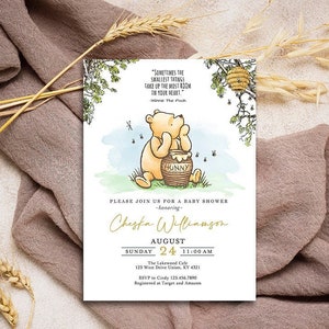 Tarjeta de invitación clásica de Winnie The Pooh Baby Shower para género neutro / Pooh y Hunny Jar / Personalizado / Solo digital