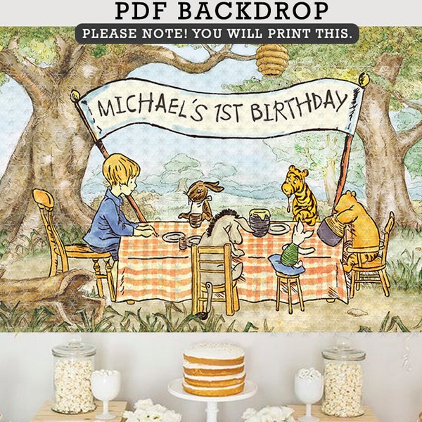 Classic Winnie The Pooh Birthday Party Backdrop Banner /Personalized/ PDF Format / Digital Printable Only / Background Decoration/ Tea Party