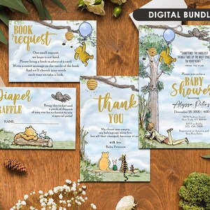 Klassische Winnie The Pooh Einladungskarte, Dankeskarte, Windelraffle, Buchanfragebeilage / personalisiertes / digitales Bundle-Pack