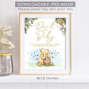 8&quot;x10&quot; Classic Winnie The Pooh Party Poster Decoration / Don&#39;t Say Baby Clothespin Game /Baby Shower Table Sign/ Instant Download