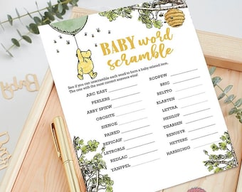 Gender Neutral / Classic Winnie The Pooh Baby Shower Games/ Baby Word Scramble Alphabet / Instant Download / 5x7 inches