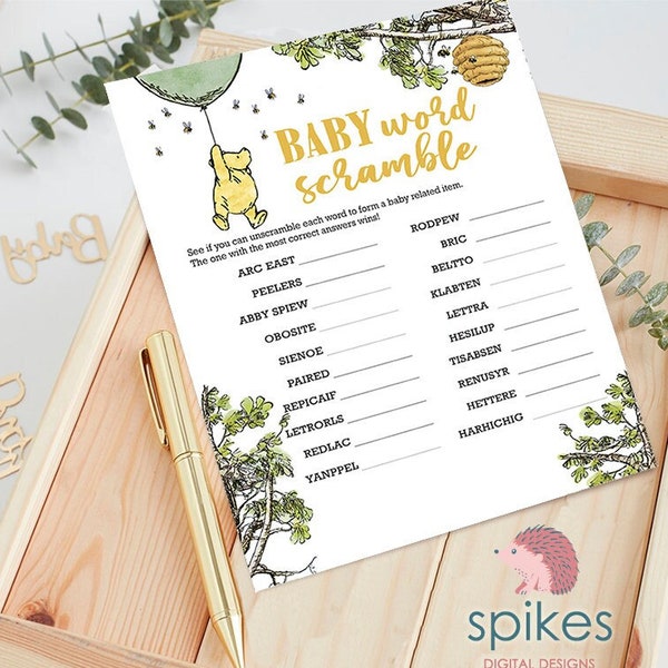 Gender Neutral / Classic Winnie The Pooh Baby Shower Games/ Baby Word Scramble Alphabet / Instant Download / 5x7 inches