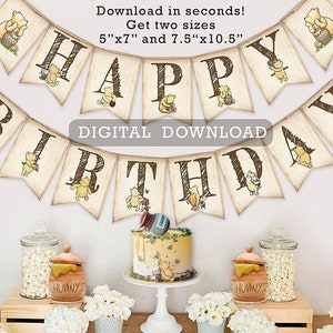 TE KOOP! Downloadbare digitale banner/klassieke Winnie de Poeh Bunting/Happy Birthday decoratie/Instant Download