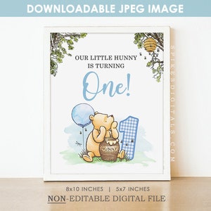 May include: A Winnie the Pooh themed first birthday printable sign with a blue and white gingham number one, a blue balloon, and Winnie the Pooh holding a honey pot. The sign says "Our little hunny is turning one!"