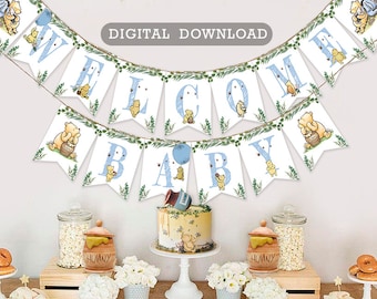 May include: A "Welcome Baby" banner with blue letters and Winnie the Pooh illustrations, strung with twine. The banner is part of a baby shower setup, including a cake, honey pots, and donuts. The words "DIGITAL DOWNLOAD" are at the top.