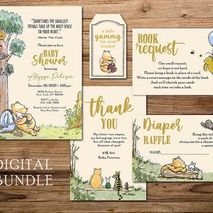 Klassieke Winnie de Poeh uitnodigingskaart, bedankkaart, luierloterij, boekverzoek invoegen/gepersonaliseerd/digitaal bundelpakket