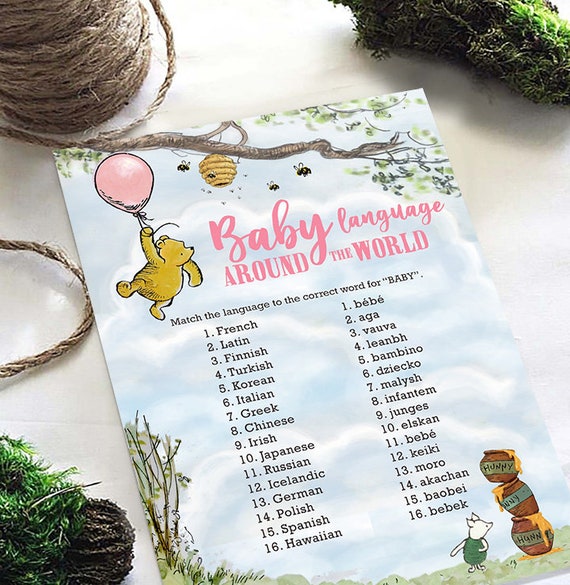 Classic Winnie The Pooh Baby Shower Games / Pink for Girl/ Baby Language  Around The World / Instant Download / 5x7 inches by Spikes Digitals