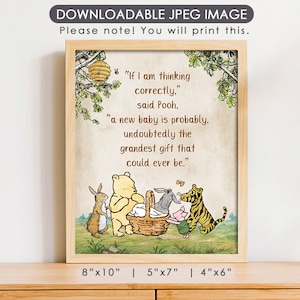 May include: A Winnie the Pooh quote about a new baby being the greatest gift, printed on a beige background with a vintage look. The quote is surrounded by illustrations of Winnie the Pooh, Piglet, Eeyore, and Tigger. The image is available in three sizes: 8x10 inches, 5x7 inches, and 4x6 inches.