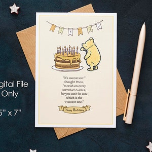 Downloadbare digitale verjaardagskaart/klassieke Winnie de Poeh/5x7 inch platte kaart