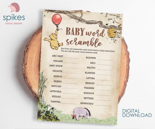 Classic Winnie The Pooh Baby Shower Games/ Baby Word Scramble Alphabet / Instant Download / 5x7 inches