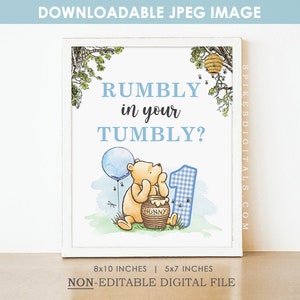 DOWNLOADABLE! First Birthday Party Decoration / Classic Winnie The Pooh  / Instant Download / Rumbly in your Tumbly Sign