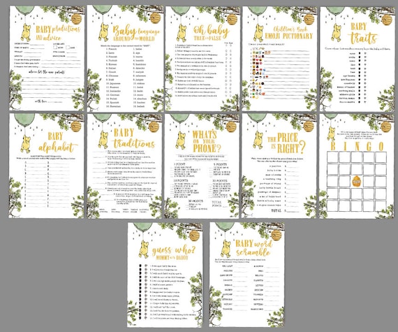 12 Games! GENDER NEUTRAL Bundle / Classic Winnie The Pooh Baby Shower Games Pack / Instant Download / 5x7 inches Il_570xn