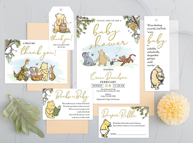 Personalized for you / Emailed to you in 24hrs / Classic Winnie The Pooh Invitation Card / Bundle Set Pack image 1