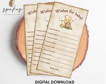 May include: Printable Winnie the Pooh baby shower game card with a cartoon image of Winnie the Pooh holding a honey pot. The card has the text "Wishes for baby!" and a list of wishes for the baby.