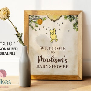 Classic Winnie The Pooh Baby Shower Birthday Poster / Welcome Sign / Personalized Digital File/ Blue Yellow Pink Green Gender Neutral Yellow Balloon