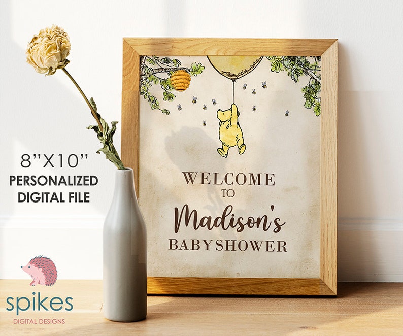 Classic Winnie The Pooh Baby Shower Birthday Poster / Welcome Sign / Personalized Digital File/ Blue Yellow Pink Green Gender Neutral Yellow Balloon