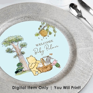 ¡Inserto de placa de cargador personalizado! Solo artículo digital / Texto personalizado para usted / Elija tamaño 8", 7", 6" / Classic Winnie The Pooh Baby Shower