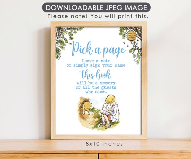 8x10 Classic Winnie The Pooh Party Poster Decoration / Blue Birthday Baby Shower Table Sign/Instant Download/ Guest Book Sign, Pick a Page image 1