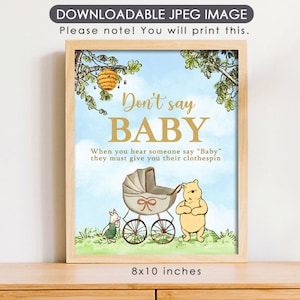 8"x10" Classic Winnie The Pooh Party Poster Decoration / Don't Say Baby Clothespin Game /Baby Shower Table Sign/ Instant Download/ Blue Sky