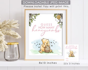 Downloadable 8"x10" Sign with Answer Cards / Classic Winnie The Pooh Party Poster Decoration / Guess How Many Honeycombs