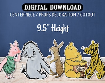 May include: A digital download of Winnie the Pooh character cutouts for party decorations. The cutouts include Piglet, Eeyore, Tigger, Rabbit, and Winnie the Pooh holding a pot of honey. The cutouts are 9.5 inches tall.