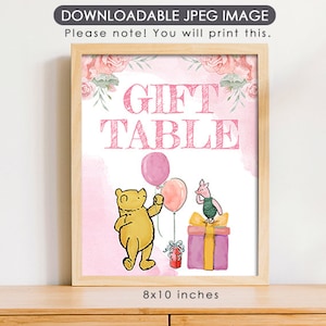 8&quot;x10&quot; Classic Winnie The Pooh Party Poster Decoration /  Pink Floral Girl Birthday Baby Shower Table Sign / Instant Download / Gift Sign