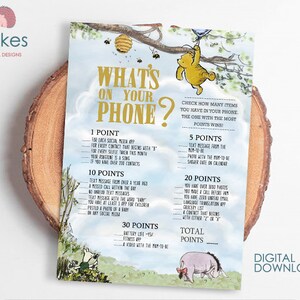 Klassische Winnie The Pooh Baby Shower Spiele / What's On Your Phone / Instant Download / 5x7 inches