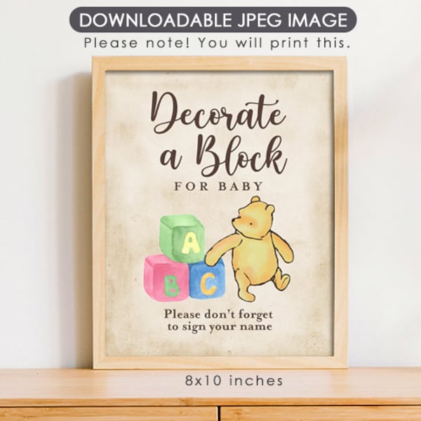 DOWNLOADABLE 8"x10" Baby Shower Sign / Classic Winnie The Pooh Party Table/ Decorate a Baby Block / Instant Download