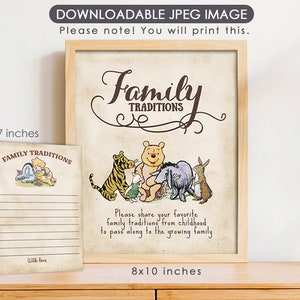 Cartes et enseigne Family Traditions 20 x 10 po en téléchargement / enseigne de table de baby shower Winnie l'ourson classique / téléchargement immédiat