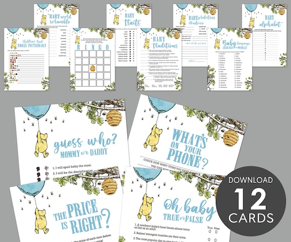 12 Games Bundle / Classic Winnie The Pooh Baby Shower Games Pack / Instant Download / 5x7 inches / Blue Boy Il_570xn