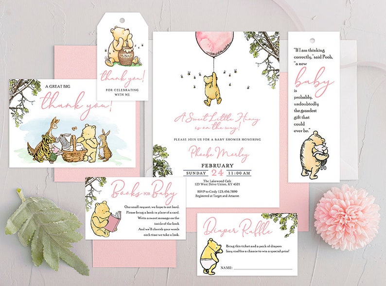 Personalized for you / Emailed to you in 24hrs / Classic Winnie The Pooh Invitation Card / Pink Bundle Set Pack image 1