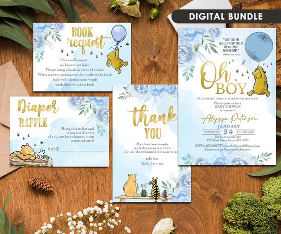 Blue Floral Classic Winnie The Pooh Baby Shower Invitation, Thank You Card, Diaper Raffle, Book Request Insert /Personalized/Bundle Pack Il_570xn