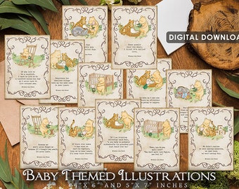 May include: A set of 10 printable Winnie the Pooh themed illustrations featuring Winnie the Pooh and Piglet. The illustrations are in a vintage style and feature quotes from the Winnie the Pooh books. The illustrations are perfect for baby showers, nursery decor, or any Winnie the Pooh fan.
