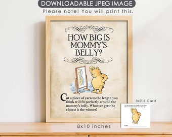 8&quot;x10&quot; How Big Is Mommy&#39;s Belly Game Sign and String Card Name Tag /Classic Winnie The Pooh / Baby Shower Game Games / Instant Download