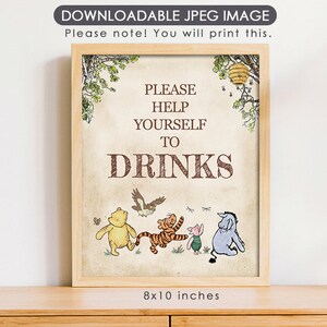 8&quot;x10&quot; Classic Winnie The Pooh Party Poster Decoration /  for Birthday Baby Shower Table Sign / Instant Download / Enjoy Drinks Sign