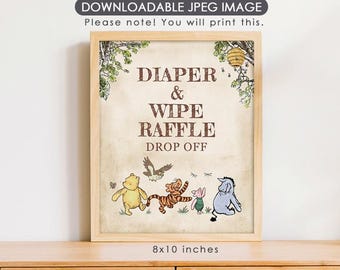 May include: A framed print with the text "DIAPER & WIPE RAFFLE DROP OFF" and illustrations of Winnie the Pooh characters. The print measures 8x10 inches and has a light brown background with a wooden frame.