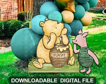 May include: Winnie the Pooh and Piglet stand in front of a backdrop of blue and yellow balloons. Pooh is holding a honey pot that says "Hunny".