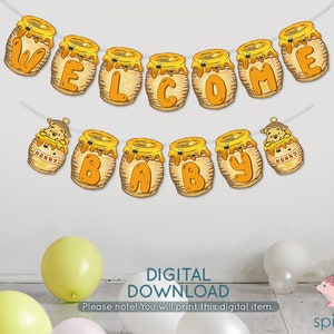Welcome Sign / Baby Shower Banner Garland / Instant Download / Non-Editable PDF/ Classic Winnie The Pooh Honey Pot Decoration