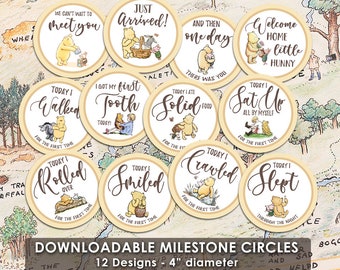 DOWNLOAD in Seconds! Twelve (12) Milestone Circles / Classic Winnie The Pooh / Digital Item / Baby Shower Birthday