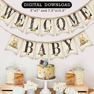 ¡EN OFERTA! Banner digital descargable / Banderín clásico de Winnie Pooh / Decoración para baby shower / Descarga instantánea