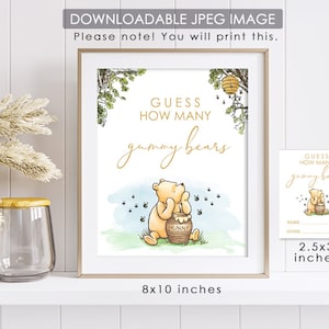 Herunterladbares 8 "x 10" -Schild mit Antwortkarten / Klassische Winnie Pooh-Party-Posterdekoration / Weißt du, wie viele Bären du bist?