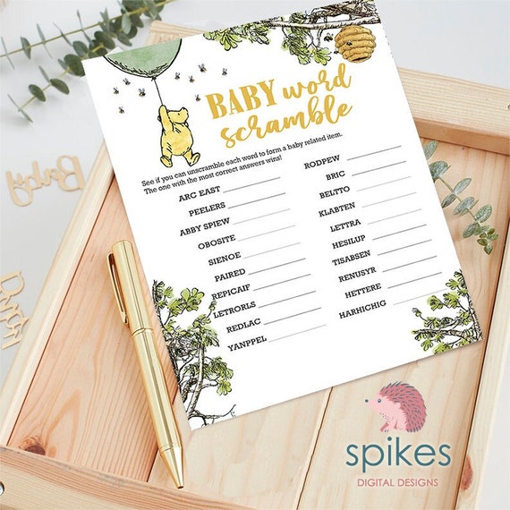 Gender Neutral / Classic Winnie The Pooh Baby Shower Games/ Baby Word Scramble Alphabet / Instant Download / 5x7 inches Il_570xn