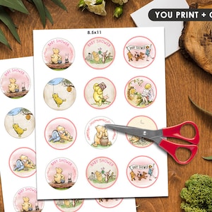 2&quot; Cupcake Topper or Circle Tag Sticker / Cookie Food Favor Label / Classic Winnie The Pooh Baby Shower / Instant Download
