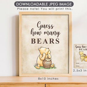 Herunterladbares 8 "x 10" Schild mit Antwortkarten / Klassische Winnie The Pooh Party Poster Dekoration / Raten Sie, wie viele Bären im Glas sind