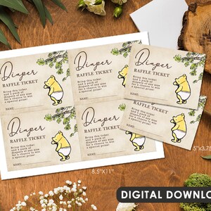 Tarjeta de inserción de boleto de rifa de pañales descargable / Baby Shower clásico de Winnie The Pooh / Descarga digital instantánea