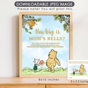 8&quot;x10&quot; How Big Is Mommy&#39;s Belly Game Sign and String Name Tag /Classic Winnie The Pooh /Baby Shower Game Games / Instant Download/ Blue Sky