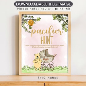 8"x10" Classic Winnie The Pooh Party Poster Decoration / Pacifier Hunt / Birthday Baby Shower / Instant Download/ Pink Girl