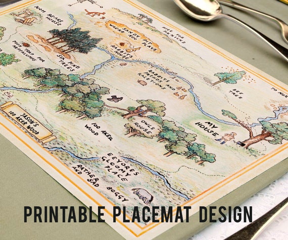 Printable Placemat 100 Aker Wood Map 12"x18" or 10"x14" /Personalized/PDF Format /Classic Winnie The Pooh Party Table Decoration Centerpiece Il_570xn